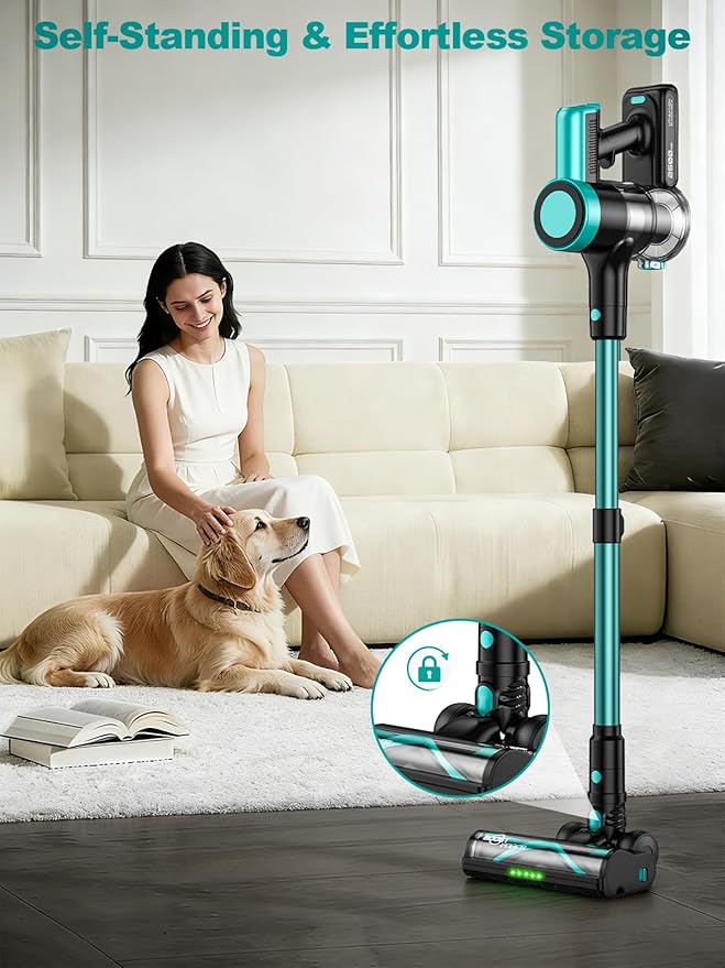 Cordless Vacuum Cleaner, 58Kpa Vacuum Cleaners for Home, 55Mins Stick Vacuum with Self-Standing & LED Display, Anti-Tangle & Wall Mount Charging (Cyan)