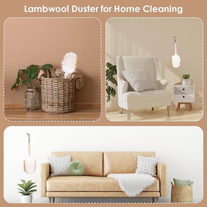 Lambswool Duster Solid Wooden Handle Lamb Wool Duster Feather Dusters for Cleaning Ceiling Fan Window Blinds Furniture Figurines Car, 13 in