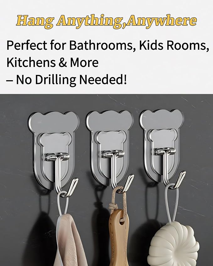 10 Pcs Heavy Duty Adhesive Hooks 10lb Max - Transparent Waterproof Sticky Wall Hooks for Bathroom, Shower, Kitchen, Office - No Damage Self Adhesive Hanging for Towels, Coats, Keys & Home Decor