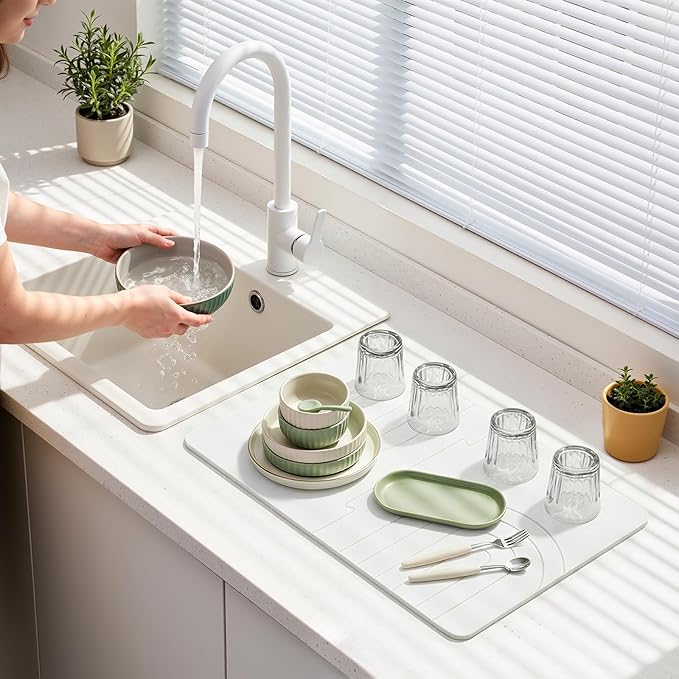 Luxspire Large Stone Drying Mat for Kitchen Counter 24"x16"- Fast-Absorbing Dish Drying Mat Non-Slip Stone Dish Drying Mat for Dishes, Cups Waterproof Counter Protector for Kitchen Bathroom, White