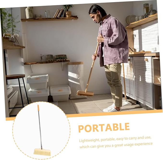 Natural Bristle Broom Soft Floor Brush Stainless Steel Pole Home Cleaning Tool