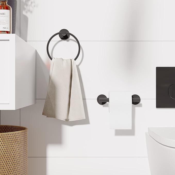 Matte Black Toilet Paper Holder & Towel Ring SUS304 Stainless Steel 2pc Bathroom Hardware Set with Double Post Pivoting Toilet Paper Roll Holder Wall Mount & Bathroom Towel Holder Set