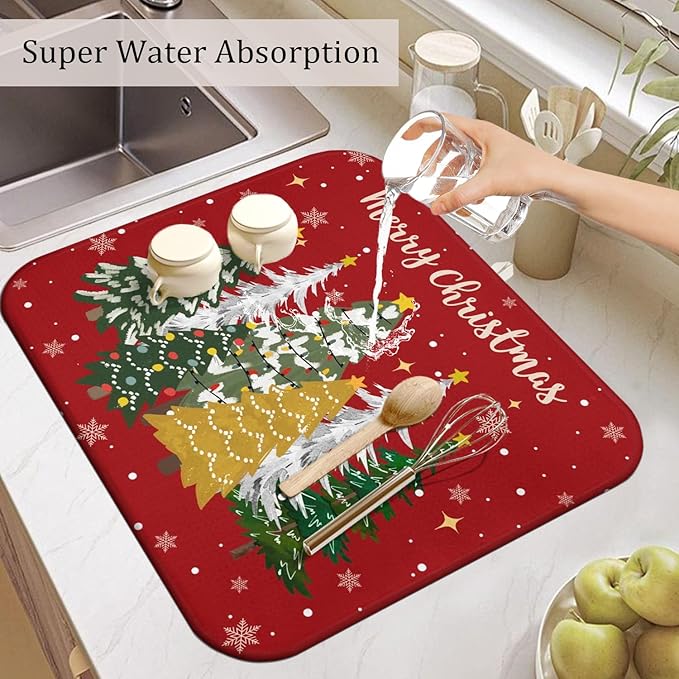 Christmas Kitchen Countertop Dish Drying Mat,Red Christmas Tree Snowflake Pattern Microfiber Kitchen Drying Mat, Washable Absorbent Countertop Xmas Winter Holiday Dish Mat Drainer,16x18In