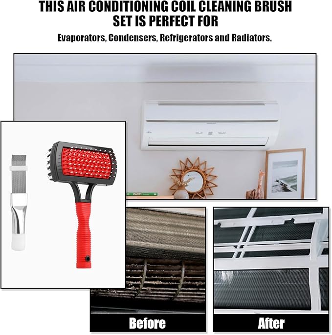 2pcs Air Conditioner Condenser Cleaning Tools, Double-Sided AC Evaporator Coil Fin Cleaning Brush & Stainless Steel AC Fin Comb for HVAC System Refrigerator Evaporator Radiator Condenser