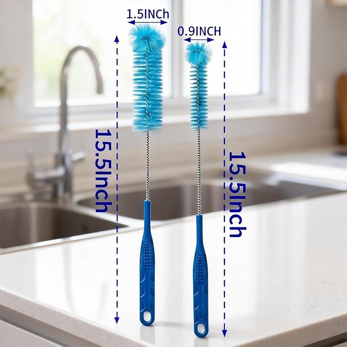 15.5 Inch Long Bottle Brush with 360° Rotating Head - Soft Bristles for Washing Glass, Narrow Neck Bottles, Wine Bottles, Vase, Hummingbird Feeder, Dishwasher Hose & Aquarium Tube, 2 Pack