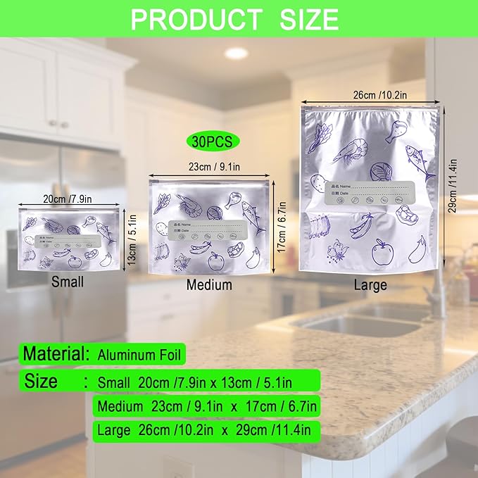 Reusable Aluminum Foil Storage Bags, 30 Count - Thick, Leak-Proof Stand-Up Bags with Resealable Zipper for Food Storage & Organization | Freezer, Pantry & Meal Prep (Medium)
