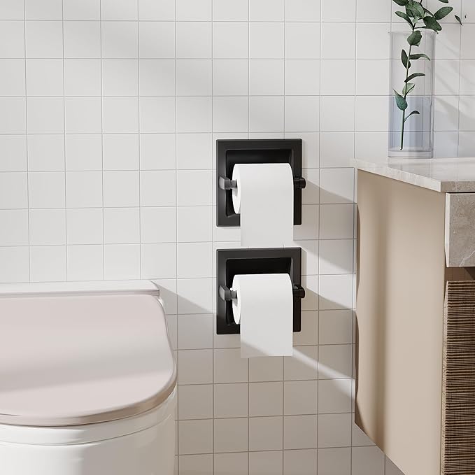 Toilet Paper Holder 2 Pack, Recessed Pivoting Toilet Paper Holder Wall Mount Stainless Steel for Large Rolls in Bathroom (Matte Black)