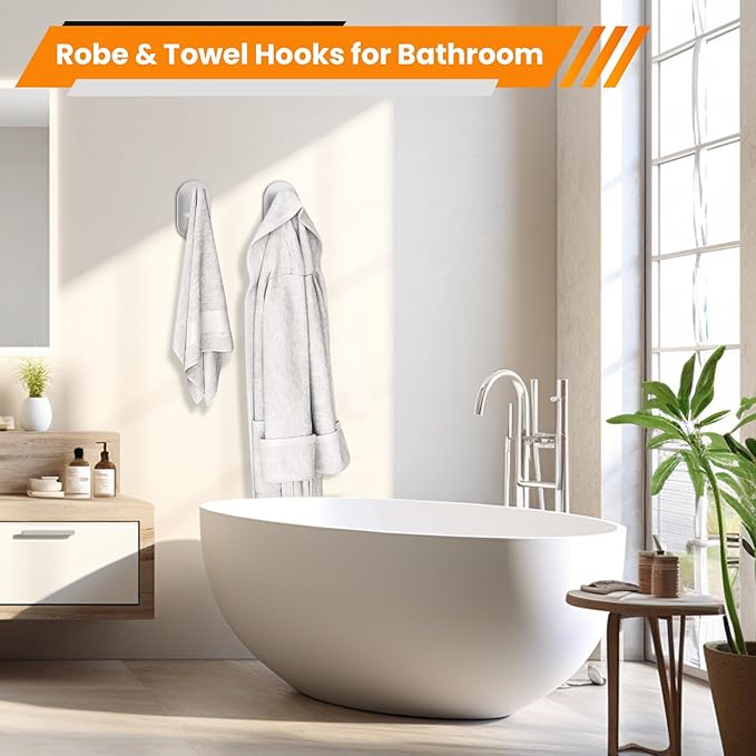 Silver Adhesive Hooks Heavy Duty, Wall Hooks for Shower, Bathroom, Towel, Coat, Robe, Stainless Steel Hooks for Hanging, Waterproof & Rustproof Sticky Hooks for Walls No Damage- 4 Pack