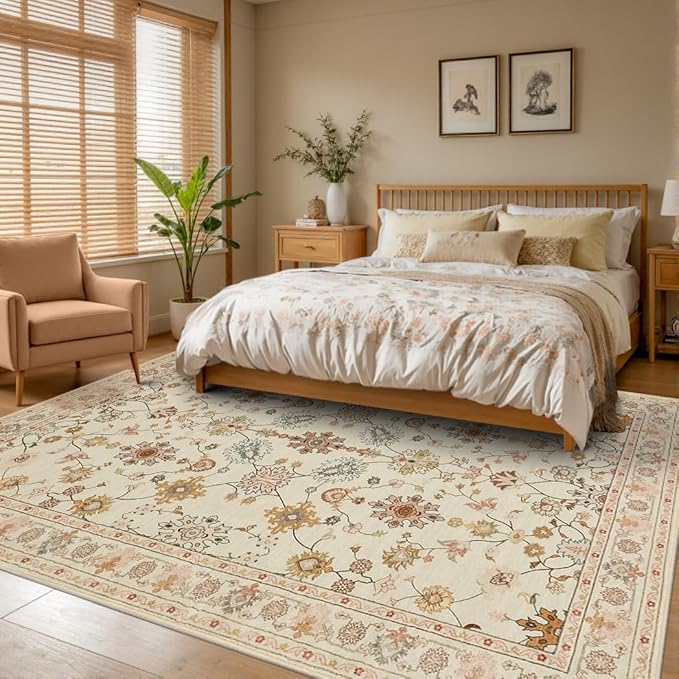 Floral Rug for Living Room Bedroom, 6x9 Washable Rug, Vintage Boho Area Rug, Large Non Slip & Low Pile Wool Carpet for Indoor Dining Room, Girls Room, Nursery Room and Kids Room(Apricot 6x9ft)