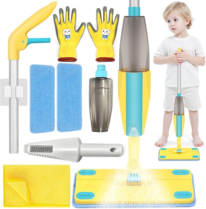 Spray Mop Kids Montessori Love Toy Set with Real Water Sprayer 3PCS Washable pads Squeeze Working Mini Size Kids Spray Mops Cleaning Toy Set That Really Work for Toddler 3-8 Floor Cleaning Dust