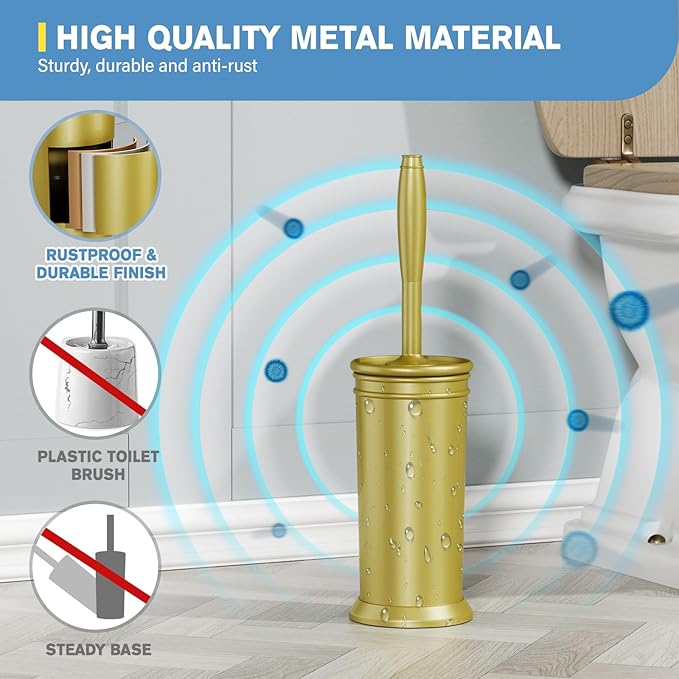 UPTRONIC Toilet Brush, Aluminum Alloy Toilet Brush and Holder Set with Long Handle Durable Bristles Toilet Bowl Brush and Covered Holder for Toilet Scrubber for Bathroom Cleaning (2, Gold)