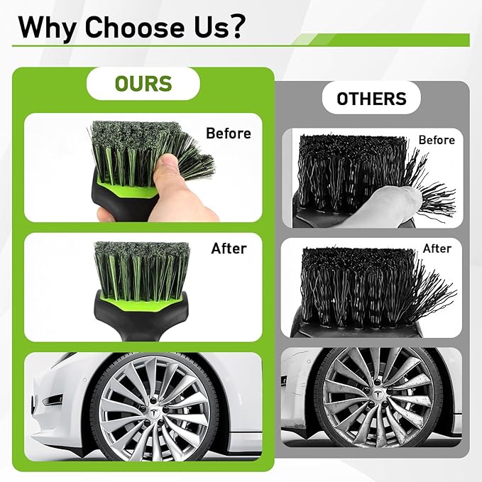 Non-Scratch 2-Pack Car Wheel Tire Cleaning Brush Kit:Soft &Stiff Bristle Detailing Brush with Ergonomic Rubber Short Handle for Deep Cleaning Car Tire Rims, Fenders or Carpet(Black Green)