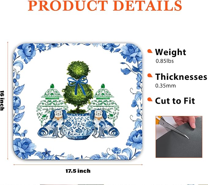 Chinoiserie Dish Drying Mat - Blue And White Green Porcelain Dish Drying Mat,Chinoiserie Dog Drying Mat For Kitchen Counter,Vintage Chinoiserie Drying Mat,Coffee Bar Mat,16x17.5 Inch