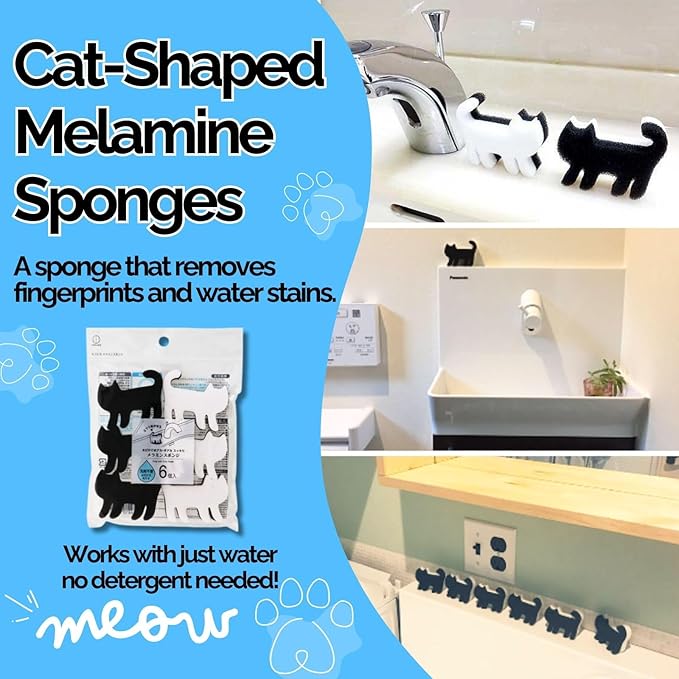 Cute Kawaii Cat-Shaped Sink Sponge, Cleaning Eraser, Melamine Kitchen Sponge(6 Pieces), Microfiber Towels Set