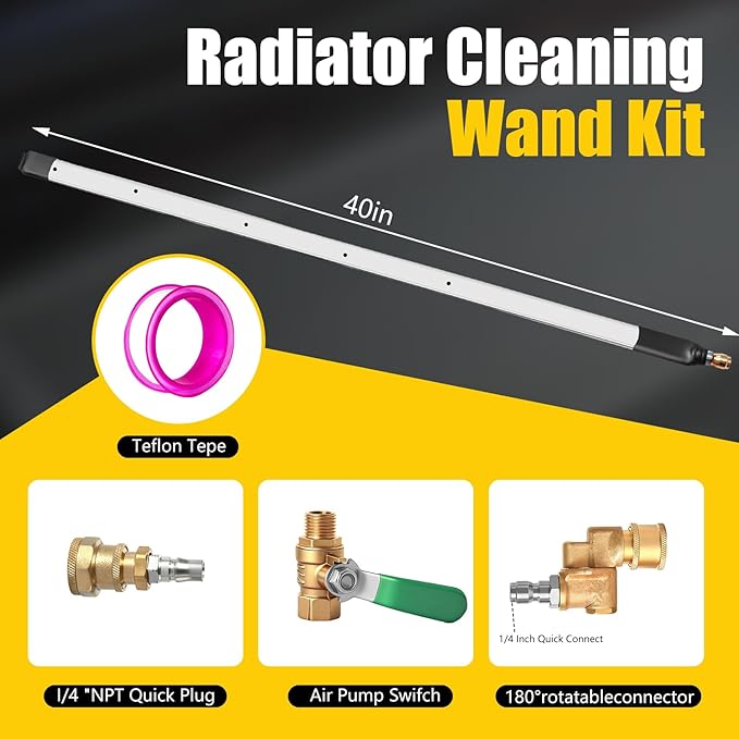 40” Radiator Cleaning Wand - 4500 PSI Water & Air Dual-Use Tool for Pressure Washers. Includes 180° Fan Nozzle, Quick Connect Couplers & Brush for Cars, Trucks, Heavy Equipment