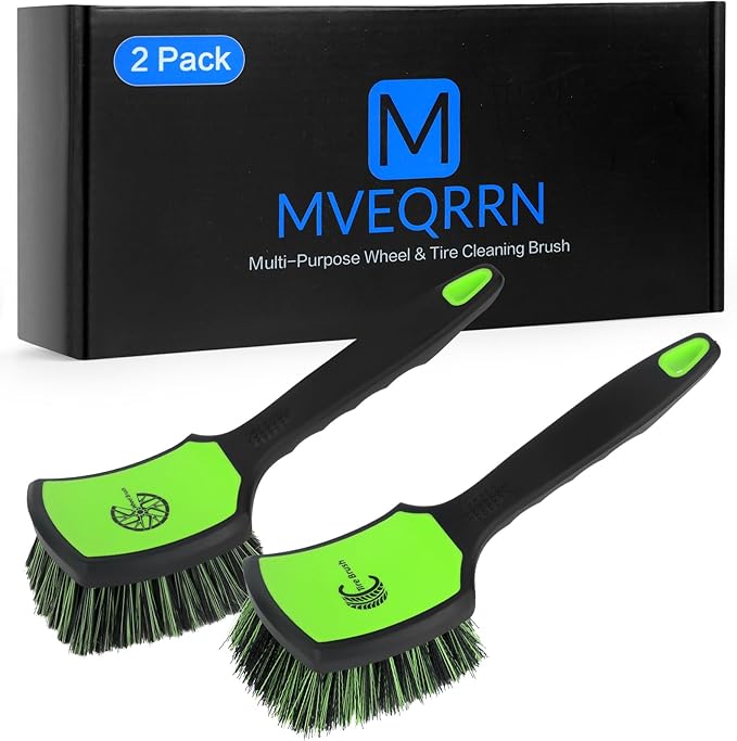 Non-Scratch 2-Pack Car Wheel Tire Cleaning Brush Kit:Soft &Stiff Bristle Detailing Brush with Ergonomic Rubber Short Handle for Deep Cleaning Car Tire Rims, Fenders or Carpet(Black Green)