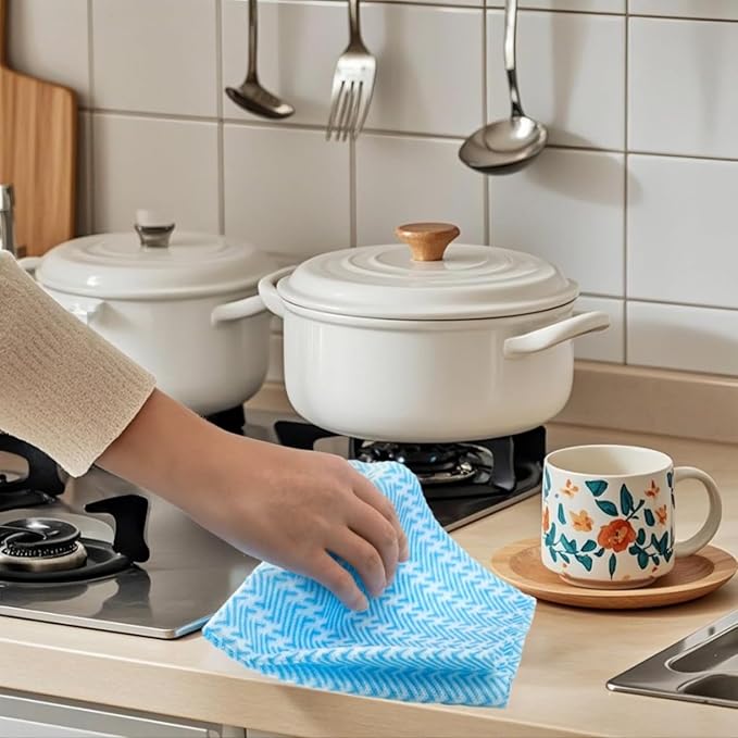 SUZZYVINE Disposable Cleaning Cloths Reusable Kitchen Towels Dish Cloths Dish Towels Dry Handi Wipes Reusable Cloth for Kitchen, Multi-use Cleaning Rolls Blue Cleaning Rags, 100 Pcs/Roll