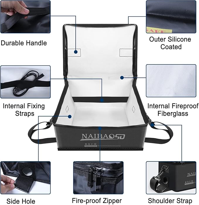 Fireproof Explosionproof Lipo Battery Bag for Lipo Battery Storage and Charging, Large Capacity Fire Resistant Detachable Shoulder Strap with Double Metal Zipper (11 x 8 x 6.5 in)