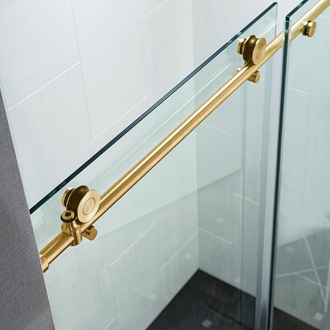 Woodbridge Frameless Single Sliding Shower Doors in Brushed Gold Finish, 45.5-48" Width x 76" Height with 3/8"(10mm) Clear Tempered Glass, Soft Close System and Explosion-Proof Film, BSDC4876-BG