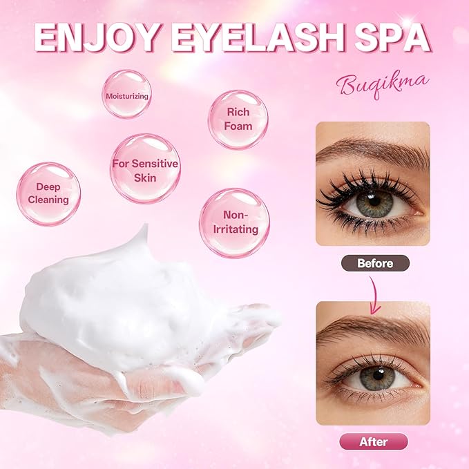 Buqikma Lash Shampoo Kit - Eyelash Extension Cleanser for Extensions 60ML with Rechargeable Handheld Lash Fan Dryer Mascara Brush Rinse Bottle Makeup Cleansing Foam for Lash Care