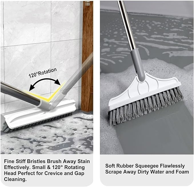 Magic Broom 2 in 1 Scrub Brush with Long Handle, V-Shape Stiff Bristle Brush Scraper, Squeegee and 120 Rotating Head for Bathroom, Glass and Wall Cleaning