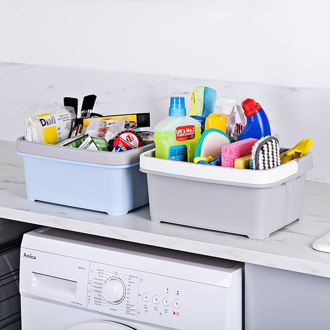 Minky Large Storage Caddy - Easy to Clean Plastic Storage Bin with Foldaway Handle For Cleaning, Crafts, DIY - Great for Pantry, Fridge & Organization - Made in the UK (Light Grey)