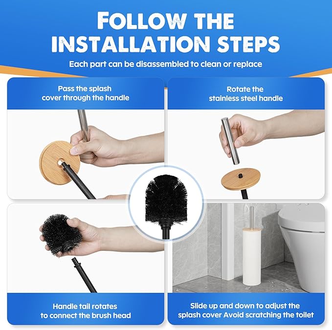 Compact Toilet Brush and Holder 2 Pack,SetStainless Steel Handle Toilet Brush,Deep Cleaning,Durable Nylon bristles,Splash-Proof Design(White&Black)