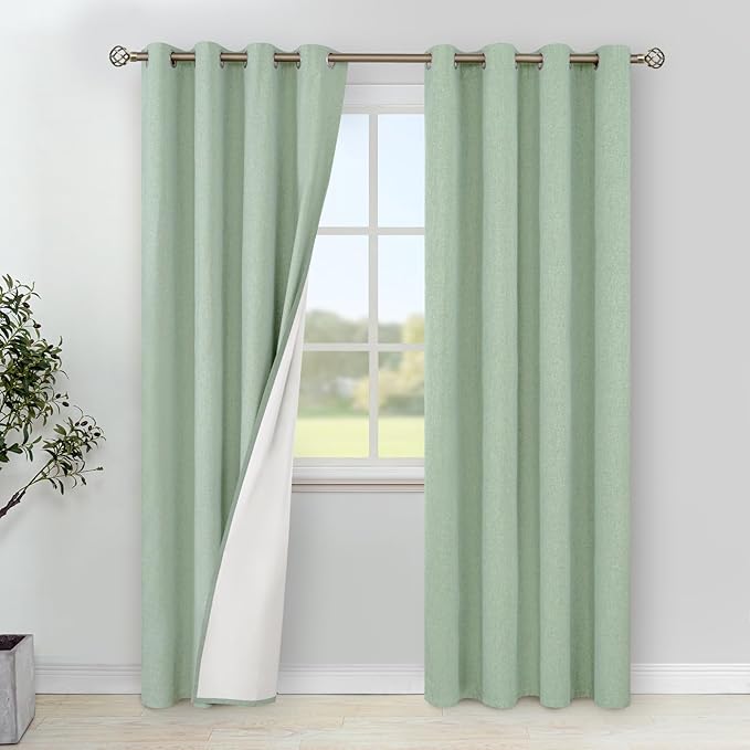 YoungsTex Light Green Linen 100% Blackout Curtains for Bedroom 80 Inch Length, Full Room Darkening Thermal Insulated Drapes with Grommet Spring Decor for Living Room Dining, 2 Panels, 52 X 80 Inch