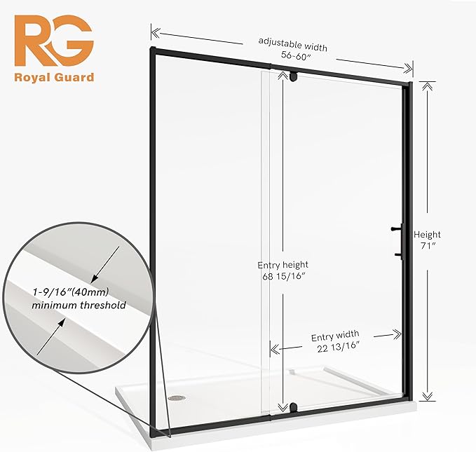 56-60" W x 71" H Pivot Swing Glass Shower Door,Pivot Frame Shower Door with 1/4"(6mm) Clear SGCC Tempered Glass,Matte Black Finish Shower Doors,Reversible Installation