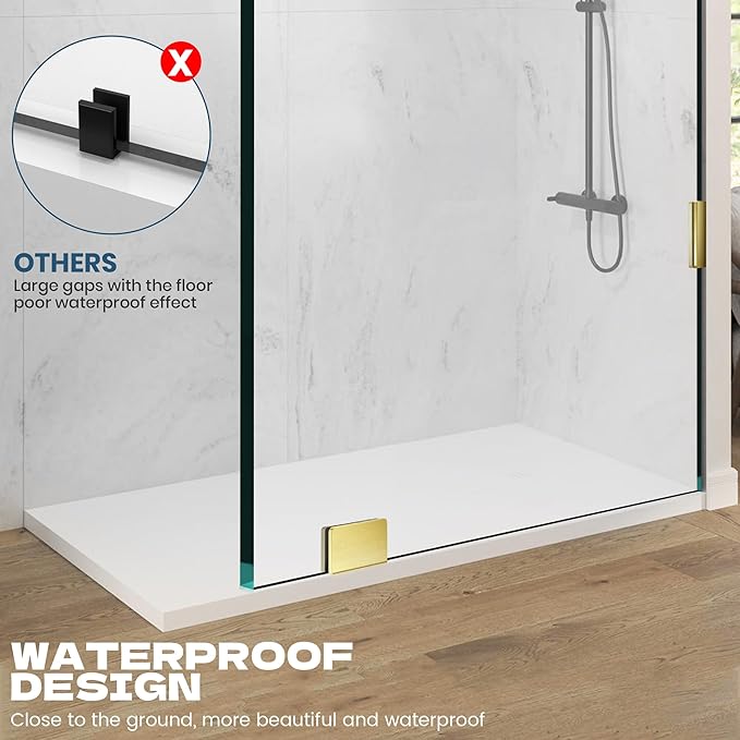 Bathroom Shower Door, 24" W ×78" H Fixed Shower Glass Panel with Clamps, 3/8" (10mm) Glass Shower Doors, Clear Tempered Frameless Shower Panel in Brushed Gold