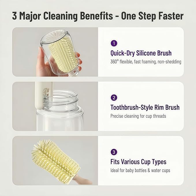 8-in-1 Baby Bottle Brush Set, Silicone Baby Bottle Cleaning Kit with Drying Rack, Portable Travel Brush & Accessories for Home and Travel (Pink)