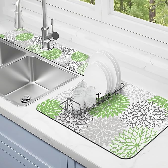 Dish Drying Mat for Kitchen Counter Matt, 2PCS 24"x18" Dish Drainer Mat & 24"x5.5" Sink Splash Guard, Super Absorbent Non-slip Rubber Backed