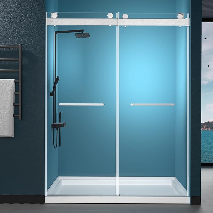 GETPRO Sliding Shower Door 57-60" W x 79" H Frameless Bathroom Double Sliding Glass Doors 3/8 Inch Clear Tempered Glass Door for Walk-in Shower with Soft Close and Width Adjustable Brushed Nickel