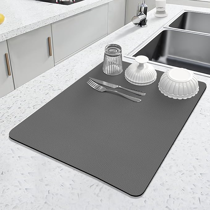 LOPNUR Kitchen Dish Drying Mat, 18"x16" Small Dish Drying Mats for Kitchen Counter, Super Absorbent Dish Drying Pad, Diatomite Coffee Mat Heat Resistant Mat with Anti-slip Rubber Backed, Grey