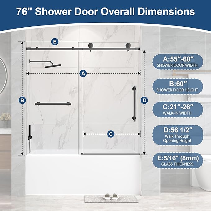 Frameless Tub Sliding Door,5/16"(8mm) Bathtub Shower Door with Soft-Close & Anti-Leak,Nano Coating Anti-Explosion Film SGCC Tempered Glass 55"-60" W x 60" H,Matte Black