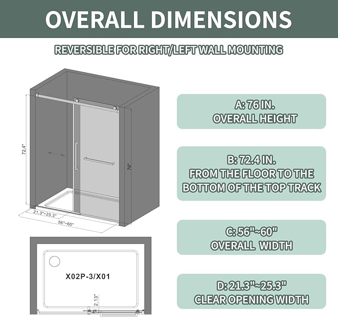 Frameless Shower Door 56-60 in. W x 76 in. H, Single Sliding Glass Door, 5/16" (8mm) Tempered Glass, Nano Coated for Easy Cleaning, Linear Design, Walk-in Bathroom Glass Door – Brushed Glod