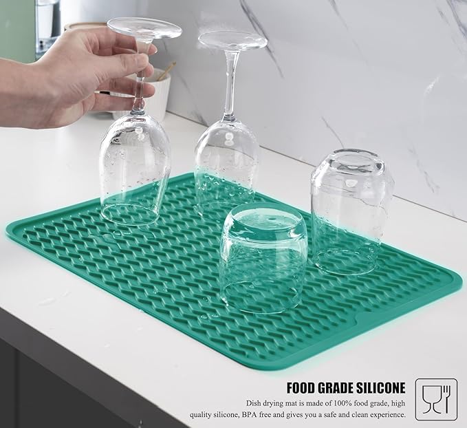 Large 14" x 11" Silicone Dish Drying Mat for Kitchen Counter, Easy clean, Quick Dry, Heat-resistant Dish Drainer Mat for Sink,Refrigerator or Drawer liner (Food Grade Silicone-Green)