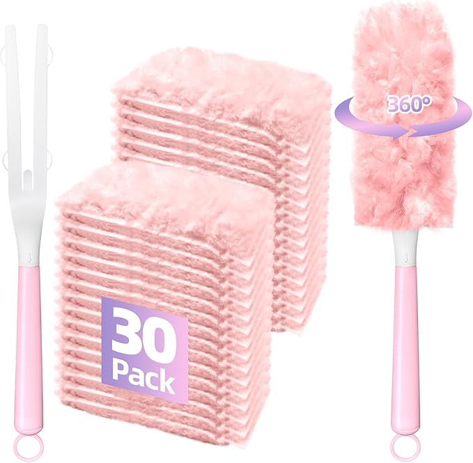 30 Count Duster Refills Compatible with Swiffer Handle, 360° Multi-Surface Duster Refills with 1 Handle, Dusters with 5X Microfibers for Cleaning Home, Furniture, Electronics, Office, Blinds