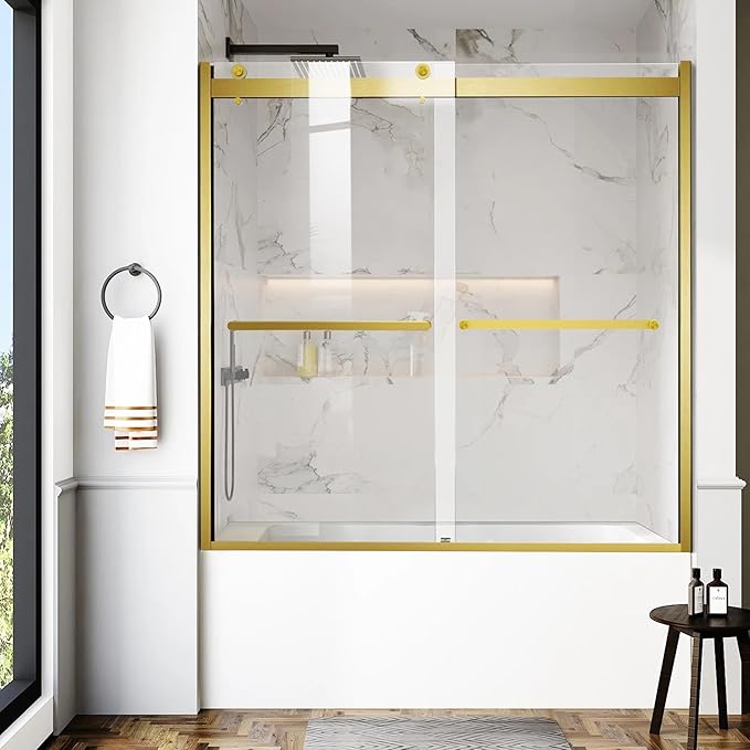 Bathtub Shower Door, 60″x 62″ Semi-Frameless Sliding Shower Door, Double Sliding Bypass Glass Shower Doors for Bathtub with 5/16" (8mm) Tempered Glass, Brushed Gold