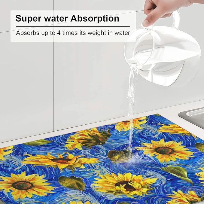 Starry Night Sunflower Blue Dish Drying Mat For Kitchen Counter Absorbent Large Kitchen Fast Dry Pad Reusable Washable Protector Rack Large Mat 18 X 24