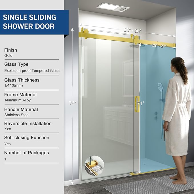 Abruzzo 56"-60" x76" Frameless Shower Door Gold - Soft-Close Sliding Enclosure with 6mm Explosion-Proof Glass, Adjustable Reversible Design for Modern Bathrooms