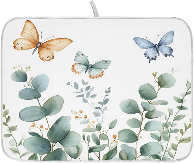 Spring Eucalyptus Green Leaf Dish Drying Mat for Kitchen Counter Absorbent Microfiber Small Drying Pad Dish mats for Kitchen Countertops 16 x 18 Inch