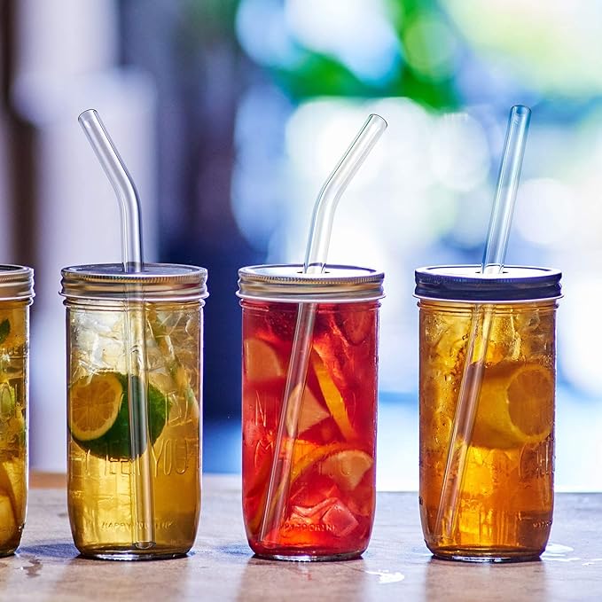 6-Pack Reusable Glass Straw-Transparent,Size 8''x10 MM,Including 3 Straight and 3 Bent with 2 Cleaning Brush- Perfect For Smoothies, Tea, Juice-Clear