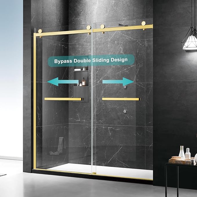 Milano Double Sliding Shower Door, 60 in.W x 74 in.H Framed Shower Door 5/16"(8mm) Clear Tempered Glass, 18 inch Pull Handle, Stainless Steel Hardware, Brushed Gold Finished