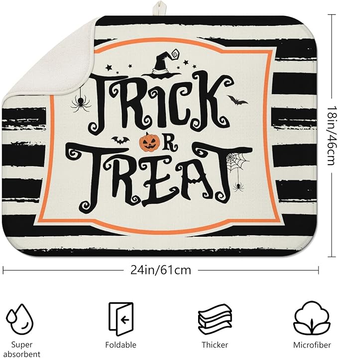 Halloween Dish Drying Mat for Kitchen Counter, Halloween Trick or Treat Microfiber Drying Mat,Distressed Black and White Background Washable Absorbent Countertop Holiday Dish Mat Drain Mat,18x24 Inch