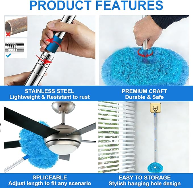 Ceiling Fan Cleaner Duster, Adjusts 16.3 to 62.6 Inch Cobweb Duster with Extension Pole, Fan Cleaning Brush, Fan Blade Cleaner, Suitable for Cleaning Walls, Window, Bookshelves, Door, Top (Blue)
