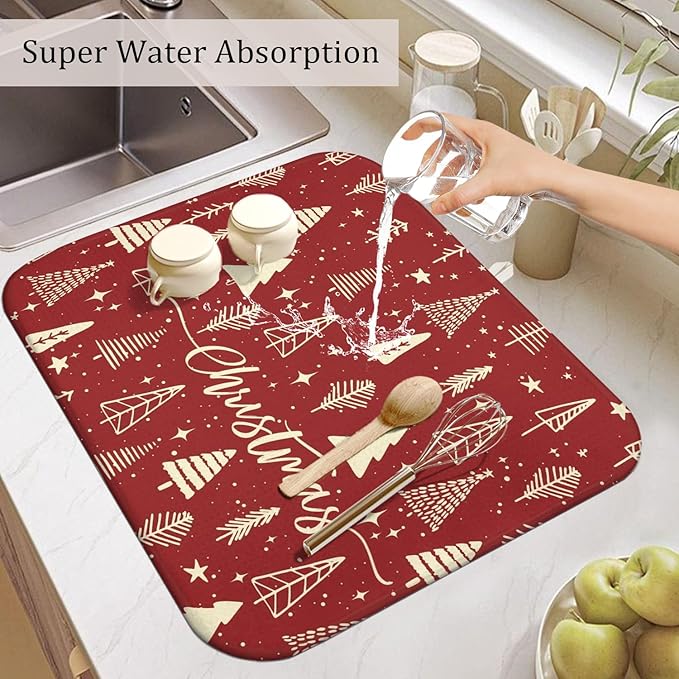 Christmas Kitchen Countertop Dish Drying Mat, Red Christmas Tree Snowflake Pattern Microfiber Kitchen Drying Mat, Washable Absorbent Countertop Xmas Winter Holiday Dish Mat Drainer,16x18In