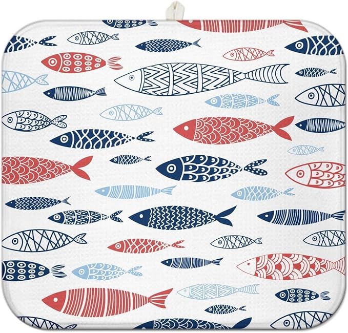 Fish Dish Drying Mat for Kitchen Countertops, Japanese Fish Pattern Microfiber Drying Mat, Washable and Absorbent Farmhouse Style Countertop Dish Drainer, 16x18 Inch