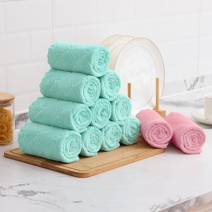 Mordimy 24 Pack Kitchen Cloths Dish Towels (10" x 10", Green & Pink), Super Soft and Absorbent Dish Cloths, Coral Velvet Microfiber Cleaning Cloth, Nonstick Oil Fast Dry Dishcloths
