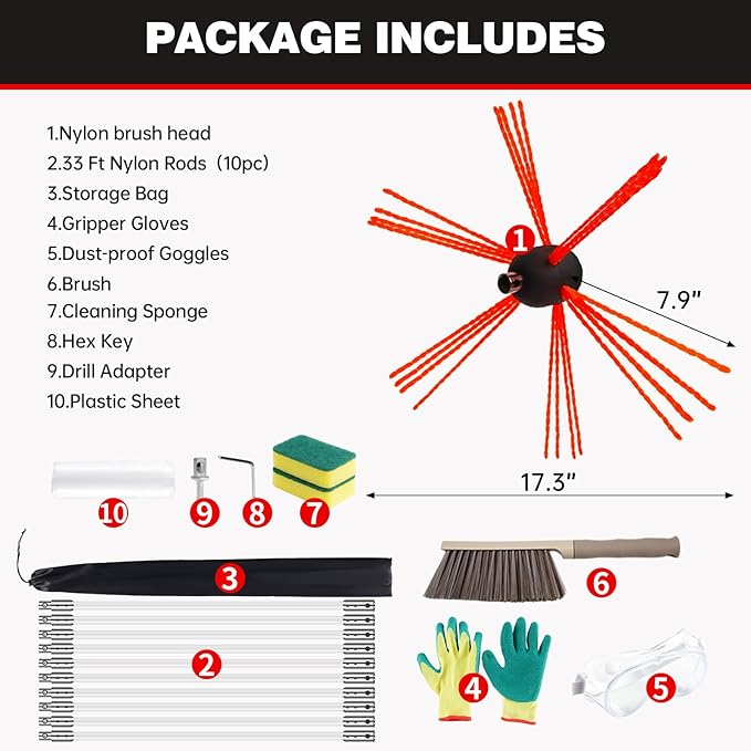 33 Feet Chimney Sweep Kit, Chrome Button Locking System, Chimney Cleaning Kit, Chimney Brush, Chimney Cleaning System with 10 Flexible Chimney Rods